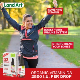 Land Art Certified Organic Vitamin D3 (490 Drops/Servings) - Extra Strength - 2500 IU Per Drop - Immune System Support - GMO Free - Gluten Free - Made in Canada (13.5ml)