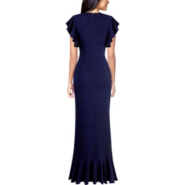 VFSHOW Womens Glitter Beaded V Neck Ruffle Sleeve Ruffle High Split Formal Evening Gown Prom Dark Blue Maxi Long Dress 082 BLU M