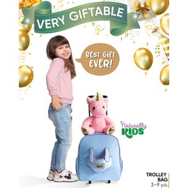 Naturally KIDS Toddler Backpack w Stuffed Animal Toy, Toddler Gifts for Boys Girls, Rolling Backpack, Pink Unicorn Toys