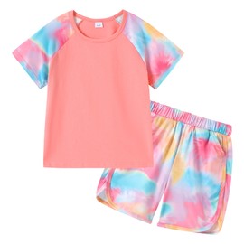 DISAUR Girls School Clothes 2 Piece Tie Dye Back to School Clothes for Girls T-Shirt and Shorts Set with Side Pockets 4-5t for Sports and Activities