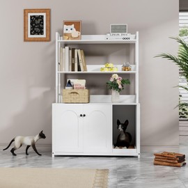 Kitty Cat Litter Box Enclosure Cabinet with Shelves, Dog Proof Corner Litter Box Furniture Wooden Cats Washroom, Large Hidden Cat Furniture with 2 Doors and Pad White