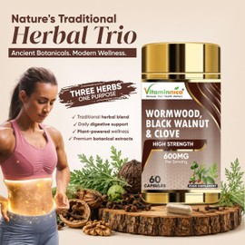 Vitaminnica Wormwood Black Walnut and Clove Capsules High Strength- 120 Vegan Digestive Health Supplements | 3in1 Herbal Gut Cleanse