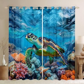 Sea Turtle Curtains for Bedroom Living Room Ocean Kids Darkening Drapes Reptile Tortoise Curtains for Boys Room Decor Coastal Nautical Beach Lightweight Window Treatments(2 Panels, 38 x 45 Inch)