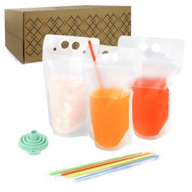 C CRYSTAL LEMON 400PCS Drink Pouches with 400 Straws – Reusable Juice and Smoothie Bags with Zipper Seal – BPA-Free Stand-Up Plastic Pouches for Party, Travel, Camping & Bulk Drinks