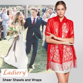 Ladiery Women's Floral Lace Scarf Stole with Fringes for Evening Dress, Festive Transparent Summer Shoulder Scarf Stole Scarf for Wedding Evening Dresses, red