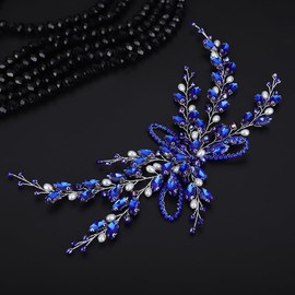 Teyglen Bride Crystal Wedding Hair Vine Blue Rhinestone Hair Piece Bridal Crystal and Pearl Beads Headdband Boho Headpiece Hair Accessories for Women Girls (Blue)