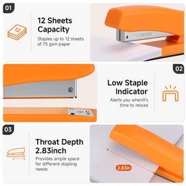 Stapler Compatible with Standard 26/6 Staples - Compact and Durable Stapler for Home, Office, or School - Staples Up to 20 Sheets (Orange)