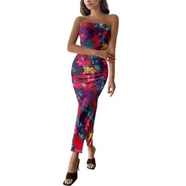 Women's Tube Top Maxi Dresses Printed Tie Dye Strapless Bodycon Long Dress Split Side Sleeveless Party Elegant Outfits