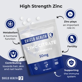 Zinc 50mg High Strength - 180 Zinc Tablets (6 Month Supply) High Strength Zinc Supplements Contributes Towards Immune Function and Maintenance of Healthy Bones, Vision, Hair, Nails and Skin UK Made