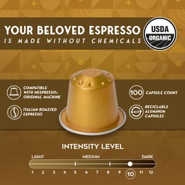 ESPRESSORO 100 USDA Organic Espresso Pods - RISTRETTO Aluminum Capsule Compatible with Nespresso Original Lines Machines. Intensity 7 Premium Italian Expresso Coffee Capsules