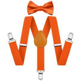 AOOWU Orange Bow Tie and Suspender Set for Kids Boys Girls Child, Solid Color Bow Tie Boys Suspender Y Shape with Clips Elastic Adjustable Toddler Brace for Wedding Party Cosplay Graduation Gifts