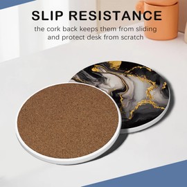 Black Gold Marble 6Pack Ceramic Drink Coasters,Quick-Absorb Stone Coasters with Anti-Slip Cork Backing & Metal Holder, Table Protectors for Kitchen Bar