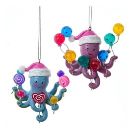 The Bridge Collection Set of 2 Octopus Holding Lollipops Ornaments- Blue & Purple Octopus with Pink Santa Hats - 3.5" Fun Sea Animal Ornaments for Beach or Ocean-Themed Holiday Décor