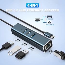 USB to Ethernet Adapter, Aluminium USB Hub with 3 USB 3.0 Ports and RJ45 Gigabit Ethernet Network Adapter, USB LAN Adapter for MacBook Pro,Surface Pro, XPS,etc