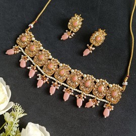 Efulgenz Indian Jewelry Set For Women Bollywood Wedding Bridal Crystal Kundan Choker Necklace Set Floral Faux Pearl Drop Dangle Earring Fashion Jewelry For Women