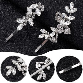 Isslly 4PCS Silver Rhinestones Hair Clips, Bridal Crystal Hair Pins, 2 Styles French Hairpins Alloy Leaf Shape Barrettes for Women, Girls for Wedding, Parties (2 Pairs)