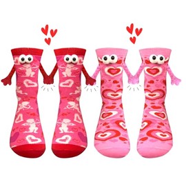 chmacura 2 Pairs Valentines Hearts Holding Hands Socks Funny Magnetic Couple Socks Pink Anniversary Socks Magnetic Hand in Hand Socks Gifts for Family Friends
