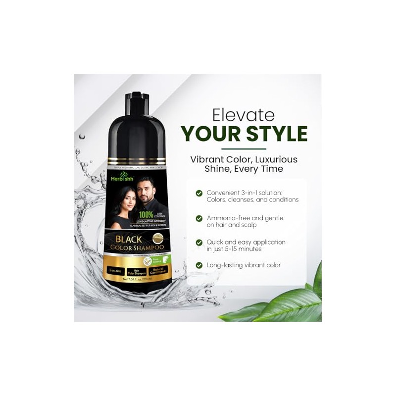 Herbishh Black Shampoo, Hair Dye Shampoo 3 in 1, 100%