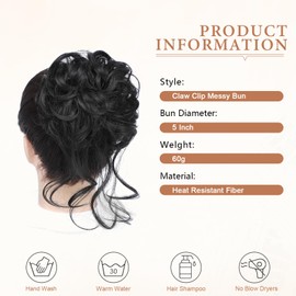 Messy Bun Hair Piece, Curly Claw Clip Hair Bun Extension, Messy Buns Hairs Pieces for Women, Soft Synthetic Fake Buns Tousled Updo for Thin or Short Hairs (1# Jet Black)