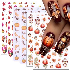 Fall Nail Decals Autumn Leaves Pumpkin Nail Art Sticker 3D Self-Adhesive Thanksgiving Gold Yellow Maple Leaf Nail Design Nail Art Supplies for Women Holiday DIY Manicure Decoration Accessories 6PCS