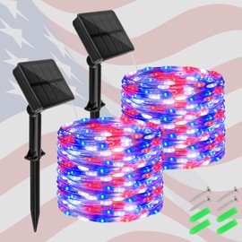 cshare Red White and Blue Solar Fairy Lights, Memorial Day Lights Waterproof Outdoor 39.4ft 120LED 8 Modes Memory Function Independence Day Memorial Day Decorations, CS-SL-5M