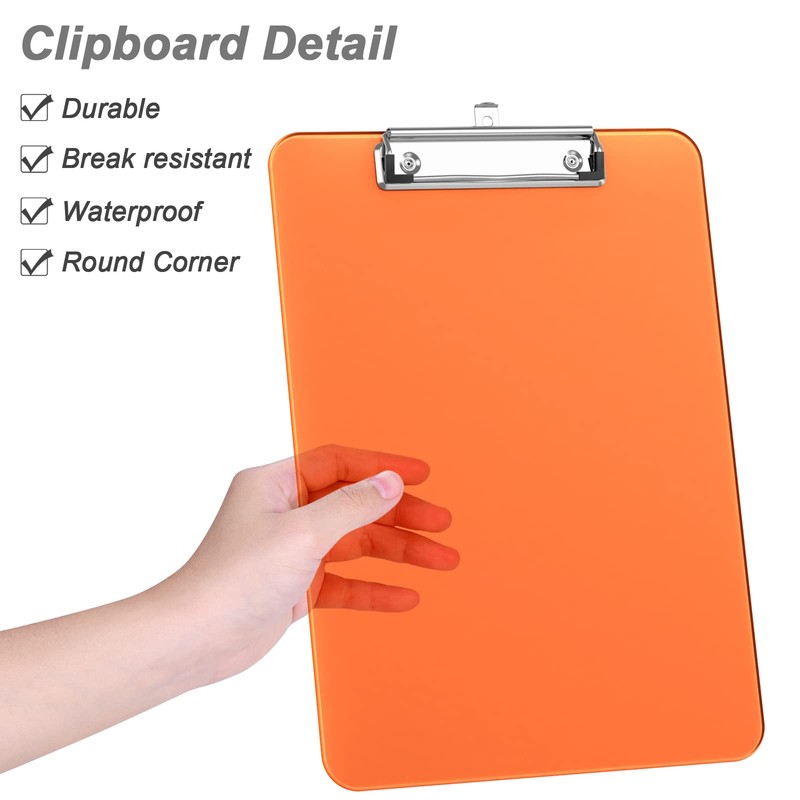 Hnogri Plastic Clipboards, Orange Clip Board Standard A4 Letter Size
