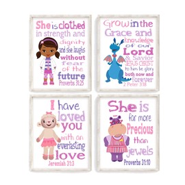 Doc McStuffins Christian Nursery Set of 4 Unframed Prints Dr. McStuffins, Hallie, Lambie and Stuffy with Bible Verses