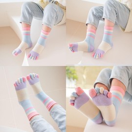 Pursuestar 2 Pairs Cotton Five Finger Toe Socks Athletic Running Color Block Rainbow Stripe Dress Socks for Girls Kids Boys 2-10 Years