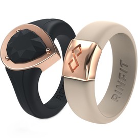 Rinfit Silicone Rings Women - Rubber Wedding Bands Stackable Ring Enhancer- Metal Framed Pear & MetalInfinity - Pack M: Black/Rose Gold & Nude/Rose Gold, Size 7