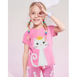 Little Hand Girls Cat Pyjamas Set Cotton Pjs Short Sleeve Nightwear Kids Summer Sleepwear Toddler Tops And Pants Outfits Age 2-3 Years