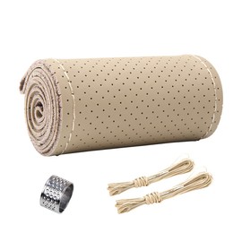 ZIMISI Genuine Leather Steering Wheel Cover, DIY Sewing Steering Wheel Protector with Needle Thread, Universal 15 Inch Diameter Non-Slip Breathable Car Stitch On Wrap Accessories (Beige, Hole)