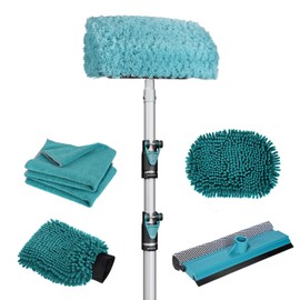TelesPro 12FT Car Wash Brush with Long Handle, Car Cleaning Kit with Soft Wash Brush, Tire Brush, Window Squeegee, Microfiber Cleaning Head, Mitt, for House Siding, Auto Cars, Trucks, SUV, RV, Floors