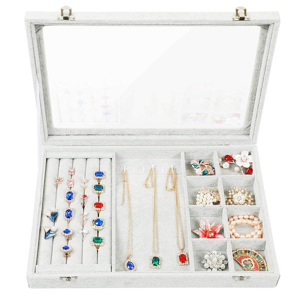 STYLIFING Clear Lid 3 in 1 Jewelry Tray Ring Earring Necklace Storage Box Stackable Holder Ice Velvet Display Showcase Lockable Gifts for Girls Women