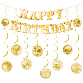 Kreatwow Gold Disco Birthday Party Decorations Disco Happy Birthday Banner Disco-Ball Hanging Swirls Retro Dance Fever Back to 70s 80s Hippie Party Hanging Streamers for Birthday Bachelorette