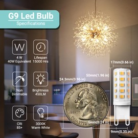 TJOY G9 LED Bulb 4W, 3000K Soft Warm White 10 Pack, Equivalent 40 Watt T4 G9 Halogen Replacement, G 9 Bi-pin Base Light Bulbs for Chandelier, 120V 450 LM 360 Beam Angle for Home Lighting, Non-dimmable