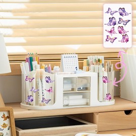 INSTOME Rotating Desk Organizer with 2 Pen Holders & 3 Drawers – All-In-One Multifunctional Storage with Butterfly Sticker for Office, School, or Home | Neutral Beige & Cream Aesthetic