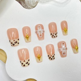 French Tip Leopard Print Press on Nails Short Coffin Fake Nails Designs Handmade Press on Nails Flower False Nails Full Cover Artificial Acrylic Glue on Nails for Women Girls Stick on Nails (Size S)
