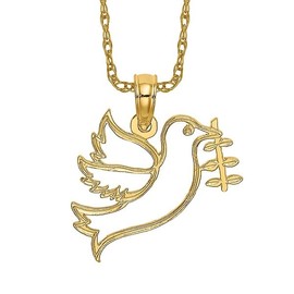 10K Solid Yellow Gold Dove Symbol Peace Love Holy Spirit Bird Olive Branch Necklace Religious Chain Pendant Christian Charm 17.5mm x 17mm Only