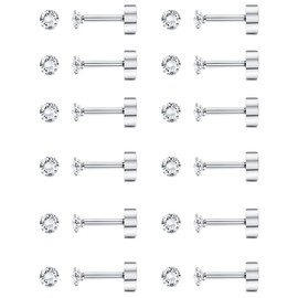 Thunaraz 12 Pairs 14K Flat Back Earrings 20G Cartilage Earring Stud Tiny 2MM 3MM 4MM Flat Back Stud Earrings Silver 2mm