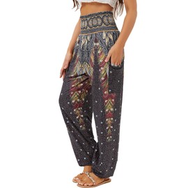 QIANXIZHAN Women's Harem Pants, High Waist Yoga Boho Trousers with Pockets Black Flower 3XL