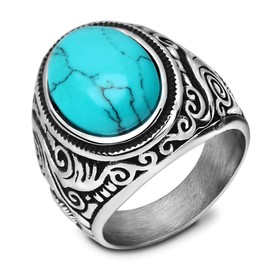 MYNENEY Retro Vintage Stone Rings for Men Turquoise Rings Stainless Steel Signet Biker Band Blue Stone 13