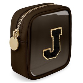 Clear Makeup Bag Mini Cosmetic Bag Women Clear Pouch Cosmetics Bags Zipper Cute Pouches Make Up Travel Toiletry Purse Organizer Bags with Letter (Coffee, J)