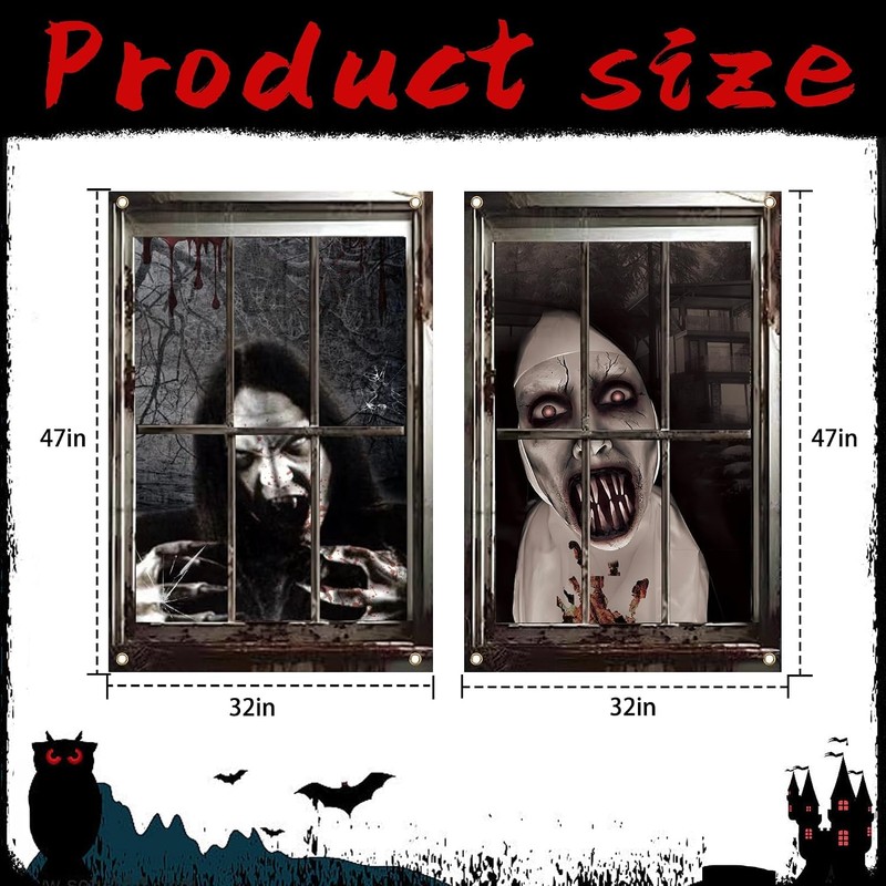 2 Pcs Scary Halloween Window Decorations-Creepy Female Ghost Window Curtain