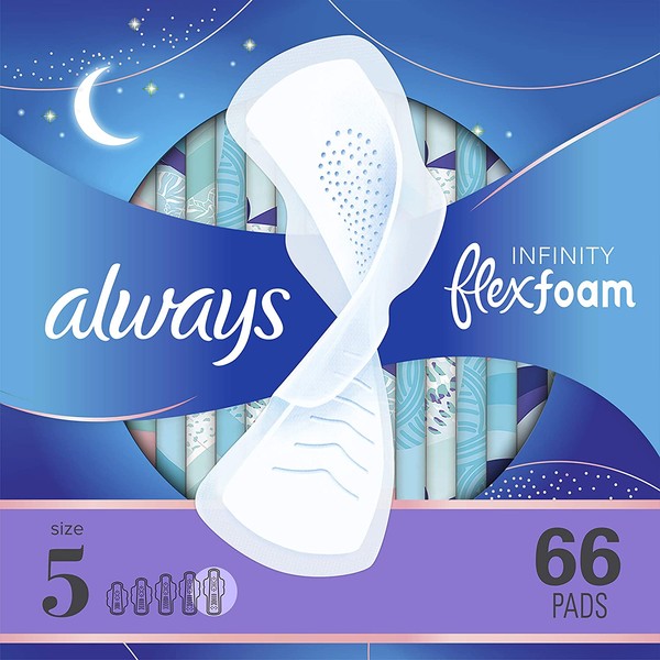 Always Infinity FlexFoam Pads for Women, Size 5, Extra Heavy Overnight Absorbency, Unscented, 22 Count (Pack of 3, Total 66 Count)