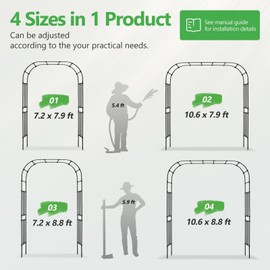 SHANTRA Garden Arch Trellis, 126’’ L x 94.5’’ H Adjustable Garden Arbor Trellis for Climbing Plants Outdoor, Large Wedding Arch for Ceremony, Party, and Lawn Decoration, Black