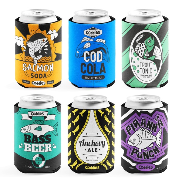 Coddies Beer Can Cooler Set (6 Pack) - Funny Can Coozie for Fishermen - Neoprene Insulating Non-Slip Holders - Fits Cans and Bottles