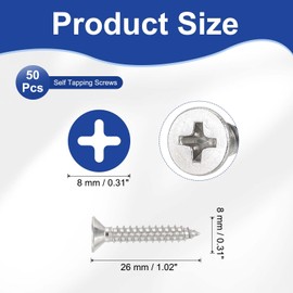 PATIKIL #12x1-1/4 Flat Head Sheet Metal Screws, 50 Pcs 304 Stainless Steel Phillips Drive Self Tapping Wood Screws for Metal Wood Drywall