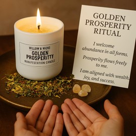 Golden Prosperity Candle Ritual Kit – 8oz Soy Candle - Manifestation Set with Herbs, Citrine Crystals, Gold Mica & Guided Meditation | Contains Essential Oils