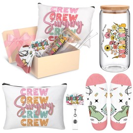 Skylety 5 Pcs Surgical Tech Week Gifts Set with Glass Cup Socks Cosmetic Bag Badge Holder Surgical Technologist Appreciation Gift Box Stuff for Women