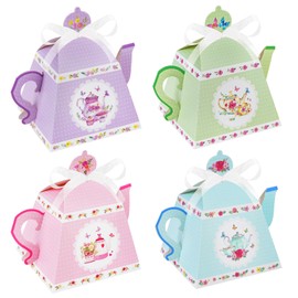 24PCS Teapot Candy Box with Ribbon, SHAIDOJIO Vintage Favour Boxes, Floral Paper Sweet Box, Party Gift Box for Festival Wedding Bridal Birthday Party Baby Shower Christmas-4 Colors